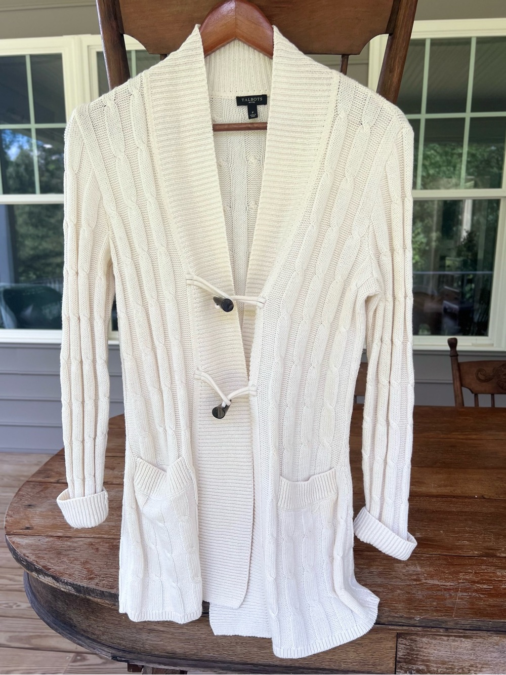 TALBOT'S Cardigan Long Cable Knit Sweater Cardigan Toggle Buttons Cream Petite P